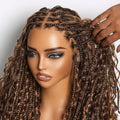 Readitress™ Mix Blonde Light Weight Flexi-Fit Invisi Drawstring Cap HD Full Lace Knotless Boho Curls Braided Long Wig Super Natural Scalp - US Only