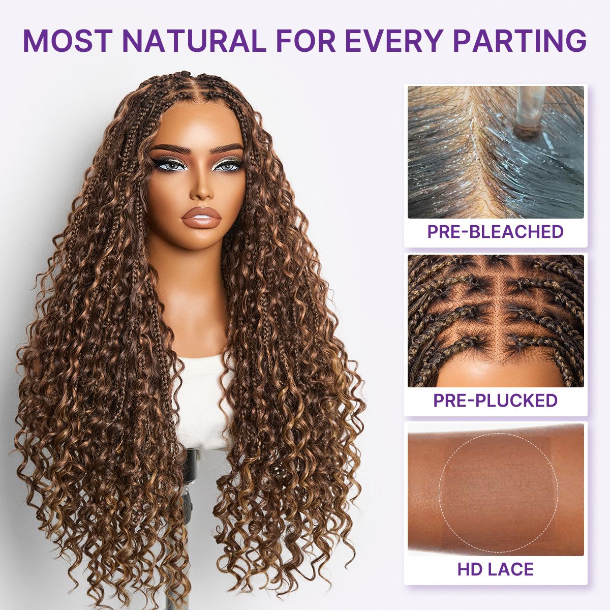 Readitress™ Mix Blonde Light Weight Flexi-Fit Invisi Drawstring Cap HD Full Lace Knotless Boho Curls Braided Long Wig Super Natural Scalp - US Only