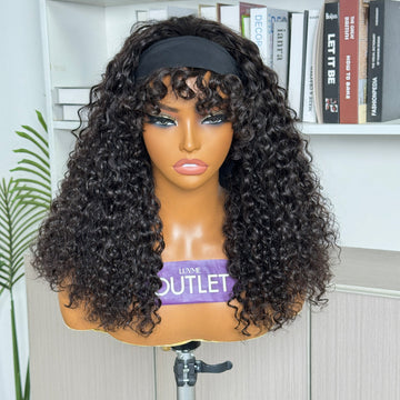 Outlet· 14'' ~20''| Natural Black Water Wave With Bangs Glueless Headband Wig 100% Human Hair
