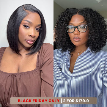 10''+10''=$179.9 | 10 Inches Blunt Cut Minimalist HD Bob + 10 Inches Deep Curly Glueless 5x5 Closure Wig