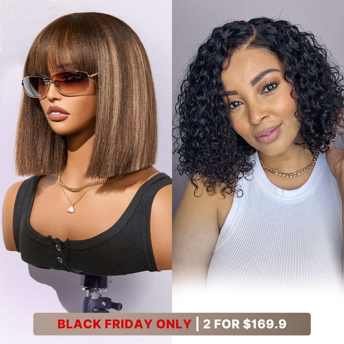 12''+12''=$169.9 | 12 Inches Ash Blonde Highlights Yaki Bob Wig + 12 Inches Deep Wave Minimalist Lace Wig