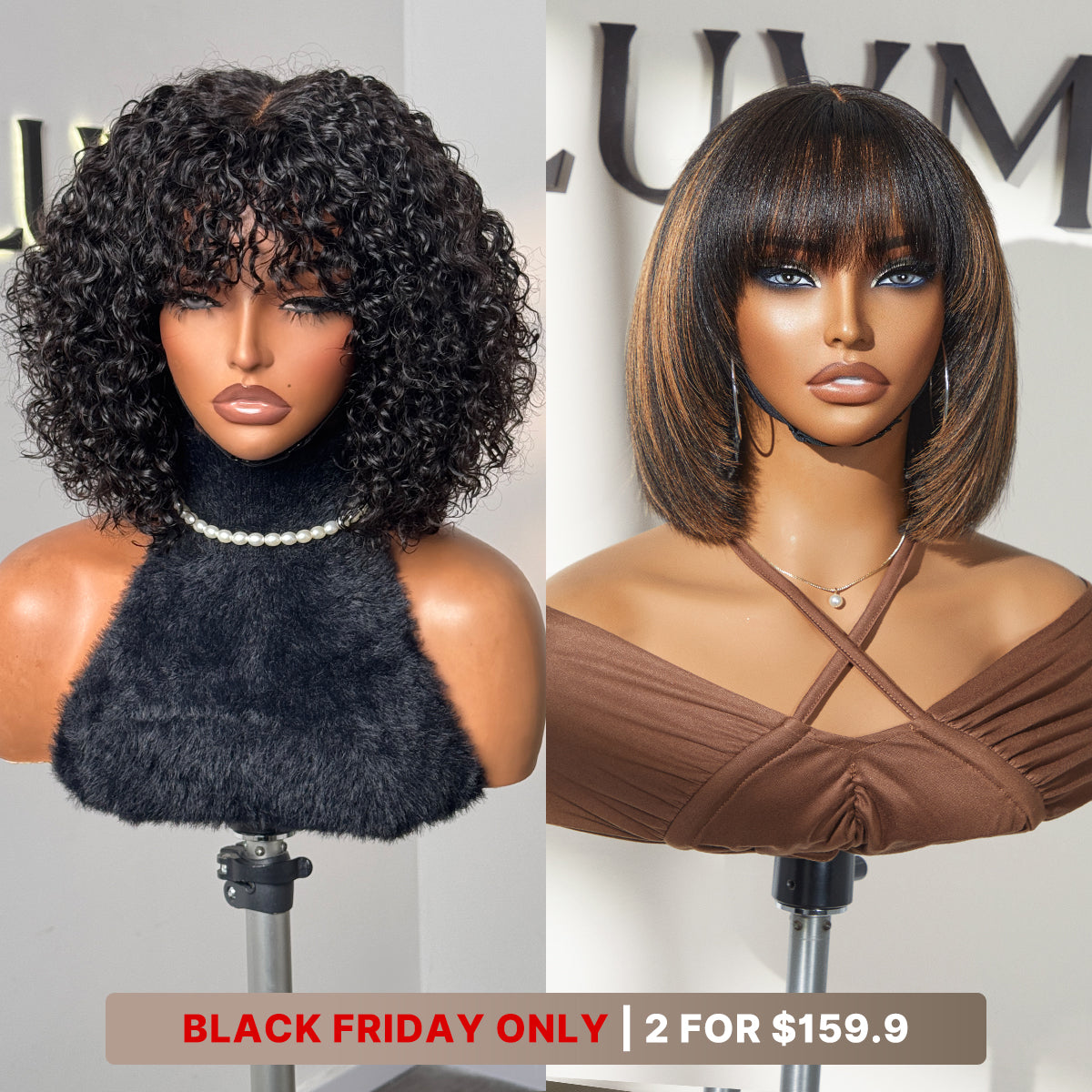 10''+12''=$159.9 | 10 Inches Brown Highlight Layered Cut Yaki Straight Bob Wig + 12 Inches Water Wave Minimalist Lace Wig