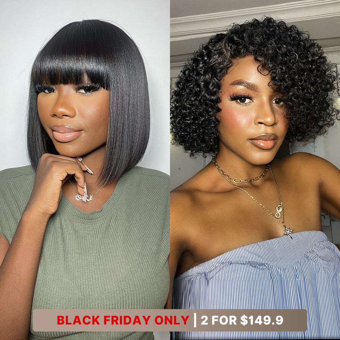 8''+10''=$149.9 | 8 Inches Curly Minimalist Pre Cut HD Lace Wig + 10 Inches Yaki Straight Minimalist Lace Bob Wig