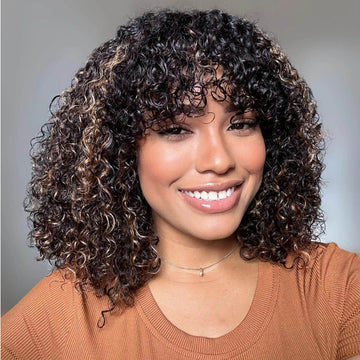 Final Restock | Brown Highlight Water Wave Glueless Minimalist Lace Ultra Breathable Cap Short Curly Wig with Bangs - US Only