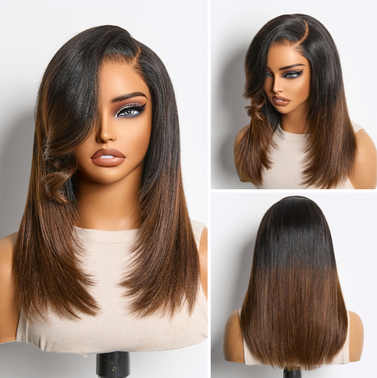Luvme All-Day Comfort™ Wig 180% Density Ombre Brown Butterfly Cut Layered Light Yaki Straight Glueless 7x6 Closure HD Lace Short Wig Pre-Cut Lace