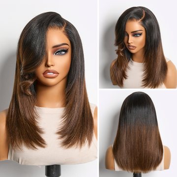Luvme All-Day Comfort™ Wig 180% Density Ombre Brown Butterfly Cut Layered Light Yaki Straight Glueless 7x6 Closure HD Lace Short Wig Pre-Cut Lace