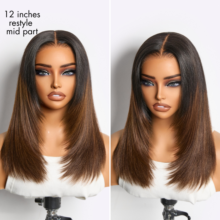 Luvme All-Day Comfort™ Wig 180% Density Ombre Brown Butterfly Cut Layered Light Yaki Straight Glueless 7x6 Closure HD Lace Short Wig Pre-Cut Lace