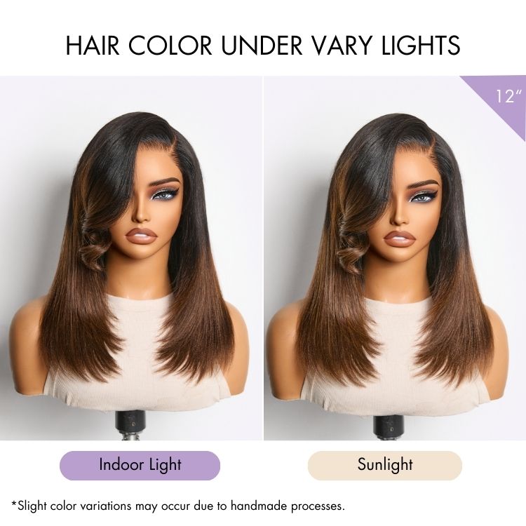 Luvme All-Day Comfort™ Wig 180% Density Ombre Brown Butterfly Cut Layered Light Yaki Straight Glueless 7x6 Closure HD Lace Short Wig Pre-Cut Lace