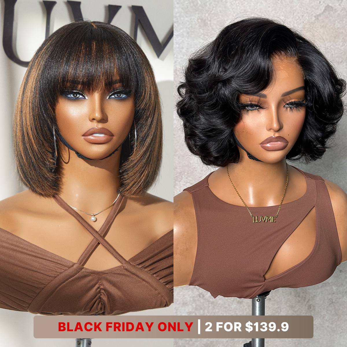 10''+8''=$139.9 | 8 Inches Natural Black Loose Wave Wig + 10 Inches Brown Highlight Layered Cut Yaki Straight Bob Wig - US Only