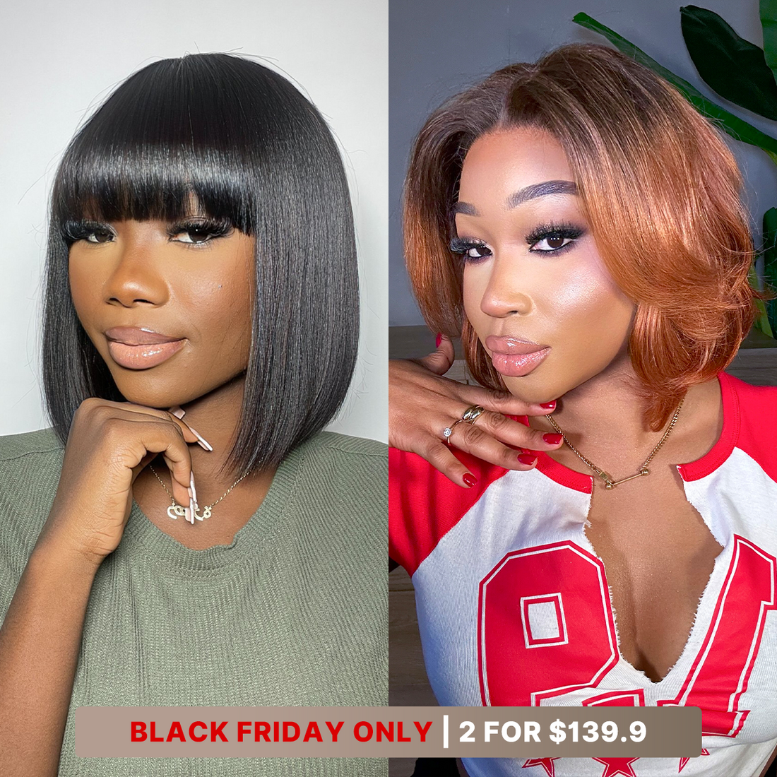 10''+8''=$139.9 | 10 Inches Natural Black Yaki Straight Bob Wig + 8 Inches Boss Vibe Short Pixie Cut Minimalist Lace Wig