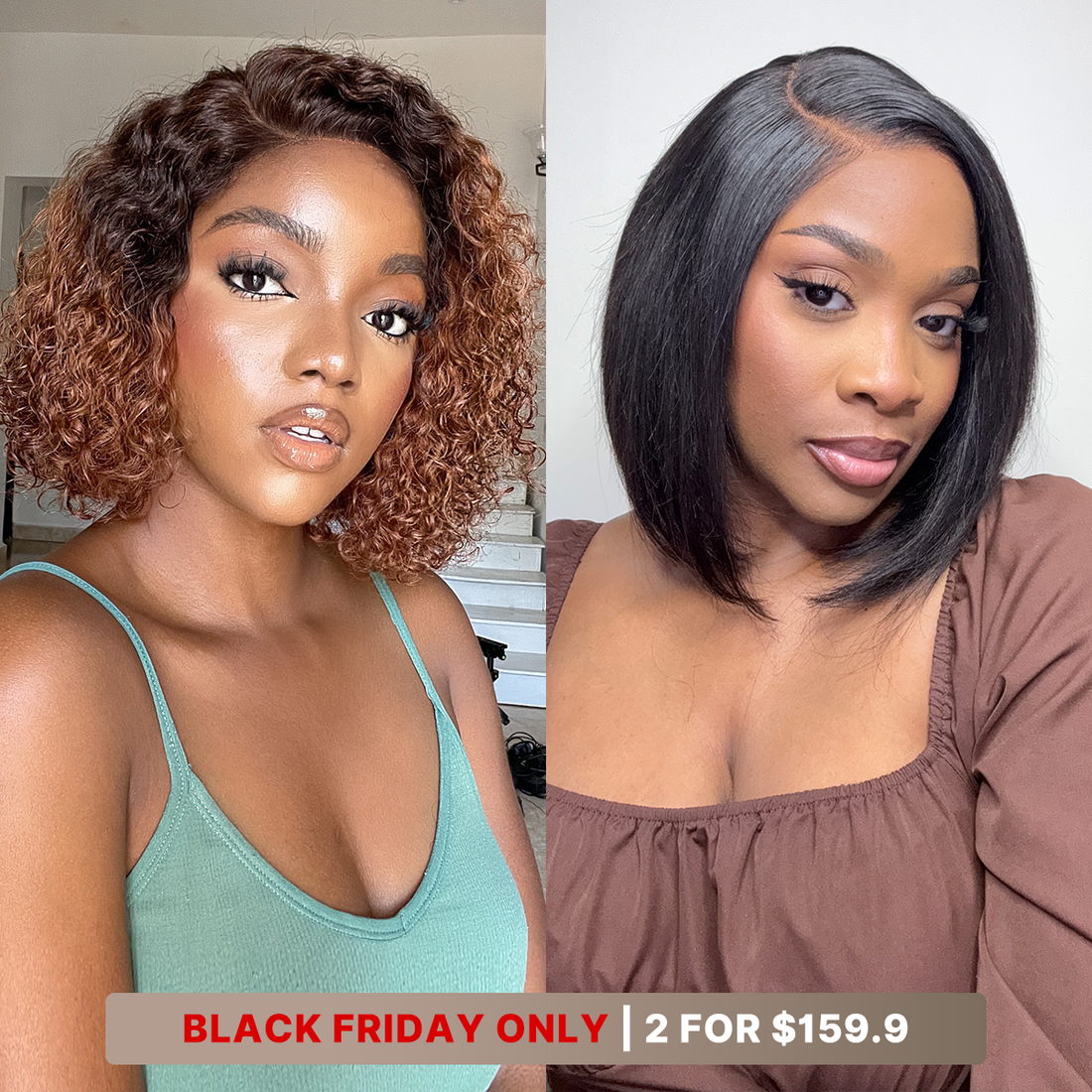 10''+10''=$159.9 | 10 Inches Blunt Cut Minimalist HD Lace Bob + 10 Inches Ombre Brown Short Cut Curly Wig - US Only