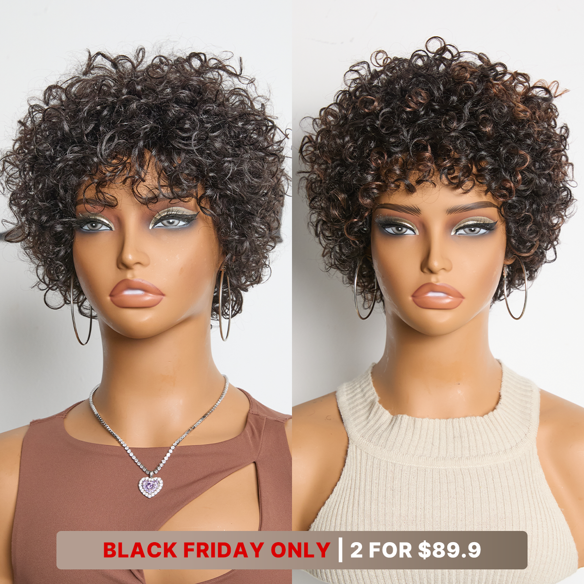 6''+6''=$89.9 |  6 Inches Brown Highlight Bouncy Curls with Bangs Glueless Wig+ 6 Inches Bouncy Curls with Bangs Glueless Wig - US Only