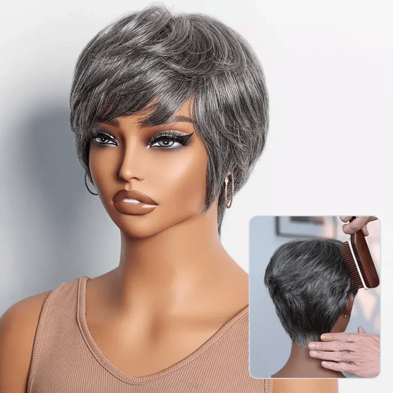 6''+6''=$89.9 | 6 Inches Salt & Pepper Short Pixie Cut Glueless Wig + 6 Inches Bouncy Curls with Bangs Glueless Wig - US Only