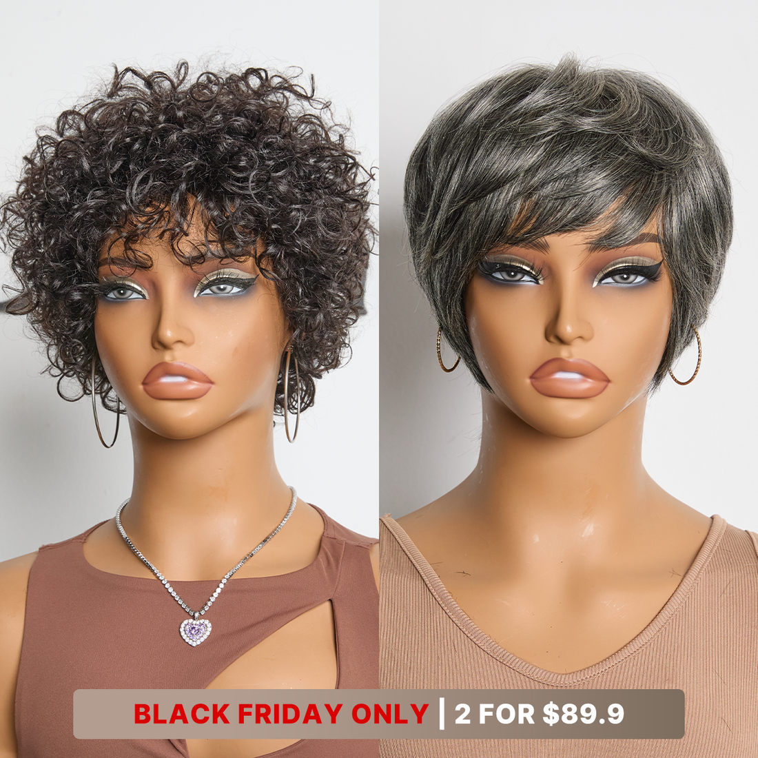 6''+6''=$89.9 | 6 Inches Salt & Pepper Short Pixie Cut Glueless Wig + 6 Inches Bouncy Curls with Bangs Glueless Wig - US Only