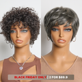 6''+6''=$89.9 | 6 Inches Salt & Pepper Short Pixie Cut Glueless Wig + 6 Inches Bouncy Curls with Bangs Glueless Wig - US Only