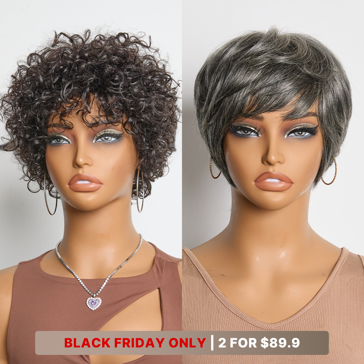 6''+6''=$89.9 | 6 Inches Salt & Pepper Short Pixie Cut Glueless Wig + 6 Inches Bouncy Curls with Bangs Glueless Wig - US Only