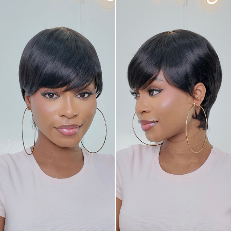 Throw On & Go Short Cut with Bangs Wig Ultra Comfort Skin-Like Soft Care Glueless Wig Hair Loss Friendly