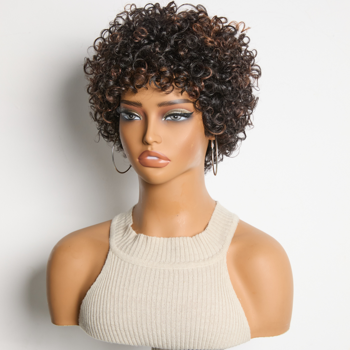 6''+6''=$89.9 |  6 Inches Brown Highlight Bouncy Curls with Bangs Glueless Wig+ 6 Inches Bouncy Curls with Bangs Glueless Wig - US Only