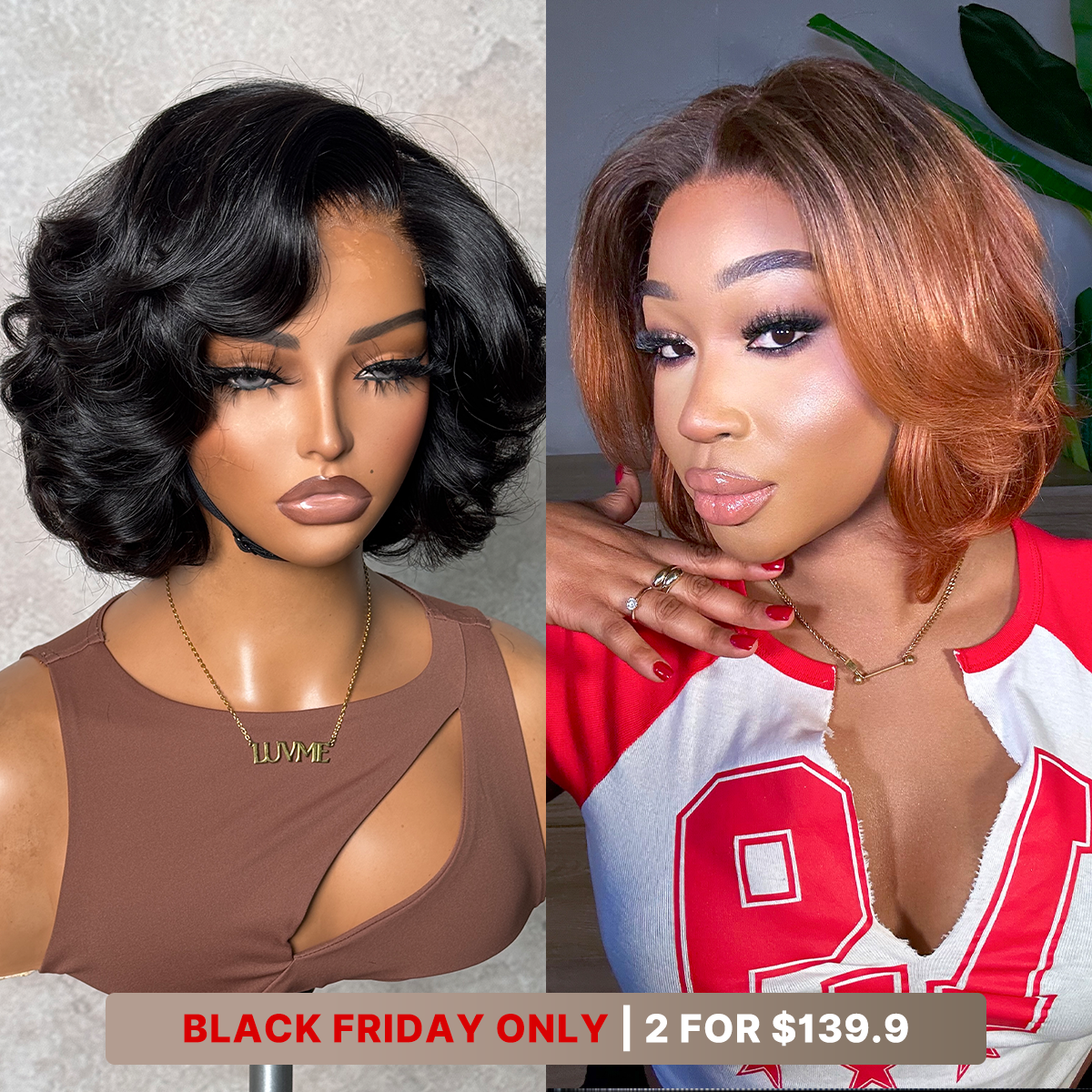 8''+8''=$139.9 | 8 Inches Natural Black Loose Wave Minimalist Lace Wig + 8 Inches Short Pixie Cut Ombre Ginger Minimalist Lace Wig - US Only