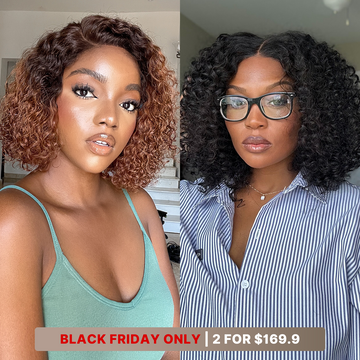 10''+10''=$169.9 | 10 Inches Natural Black Deep Curly 5x5 Closure Pre-Cut Lace Wig + 10 Inches Mix Brown Short Cut Curly Minimalist Lace Bob Wig