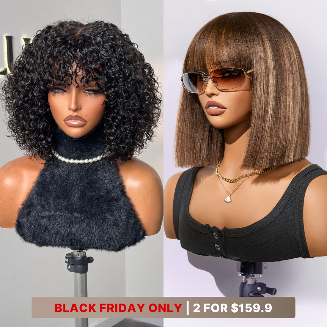 10''+12''=$159.9 | 10 Inches Ash Blonde Highlights Yaki Blunt Cut Bob Wig + 12 Inches Water Wave Minimalist Lace Wig