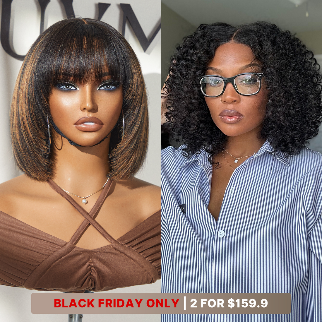 10''+10''=$159.9 | 10 Inches Brown Highlight Layered Cut Yaki Straight Bob Wig + 10 Inches Natural Black Deep Curly 5x5 Closure Pre-Cut Lace Wig