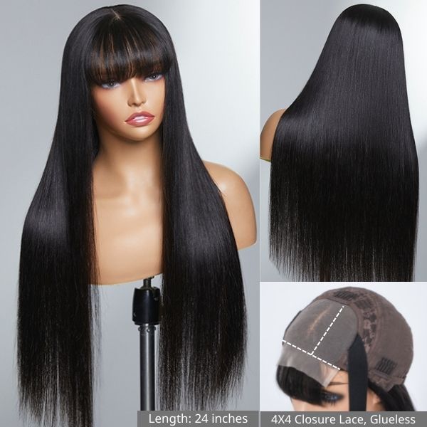 Weekly Special | Long Silky Bone Straight 4x4 Lace Closure Wig With Bangs - US Only