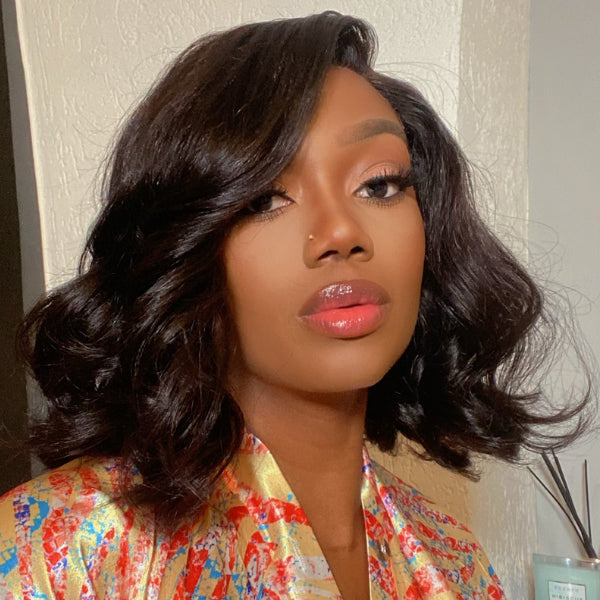 Elegant Natural Black Wavy Minimalist HD Lace Glueless C Part Short Wig 100% Human Hair - US Only