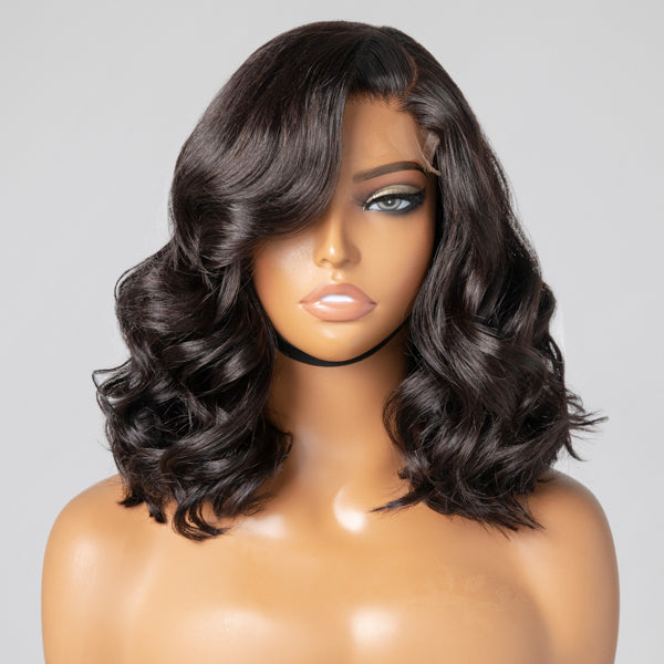 Elegant Natural Black Wavy Minimalist HD Lace Glueless C Part Short Wig 100% Human Hair - US Only