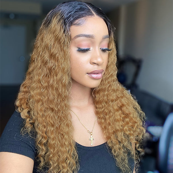 Ombre Brown Color Deep Wave Extented 4x4 Closure Lace Wig